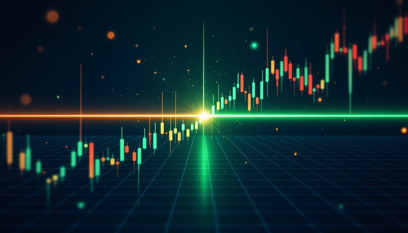 A candlestick breaking through a glowing resistance shelf with a clean retest