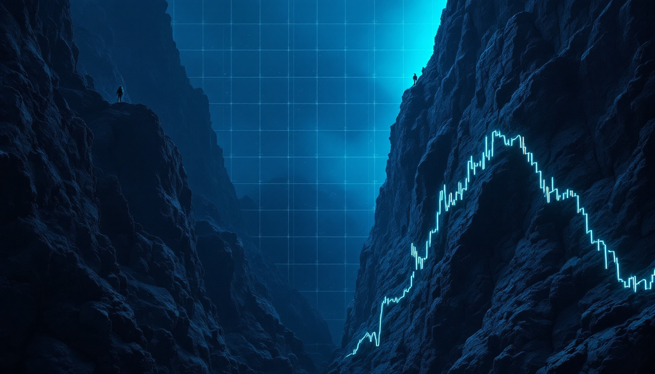 An equity curve plunging into a deep canyon then climbing the far wall