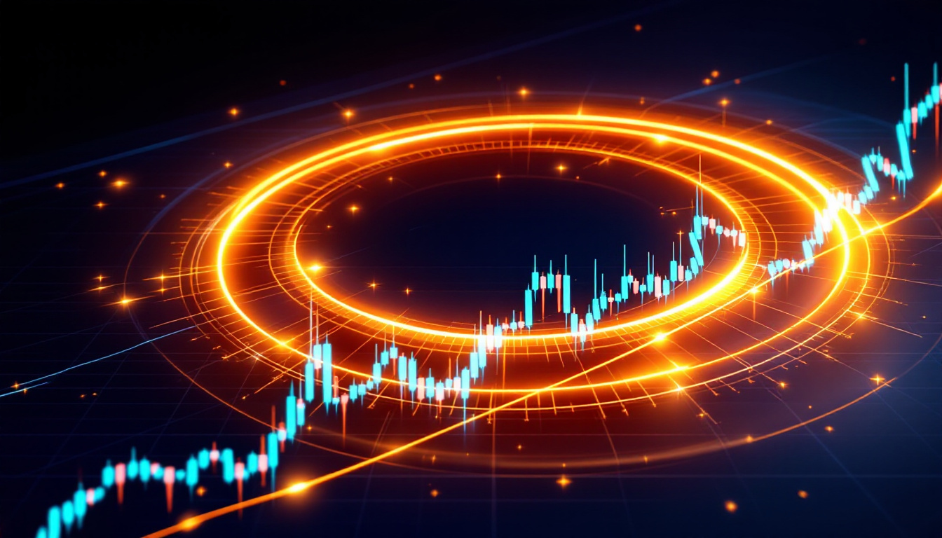 A luminous golden-ratio spiral overlaid on a price swing with retracement bands