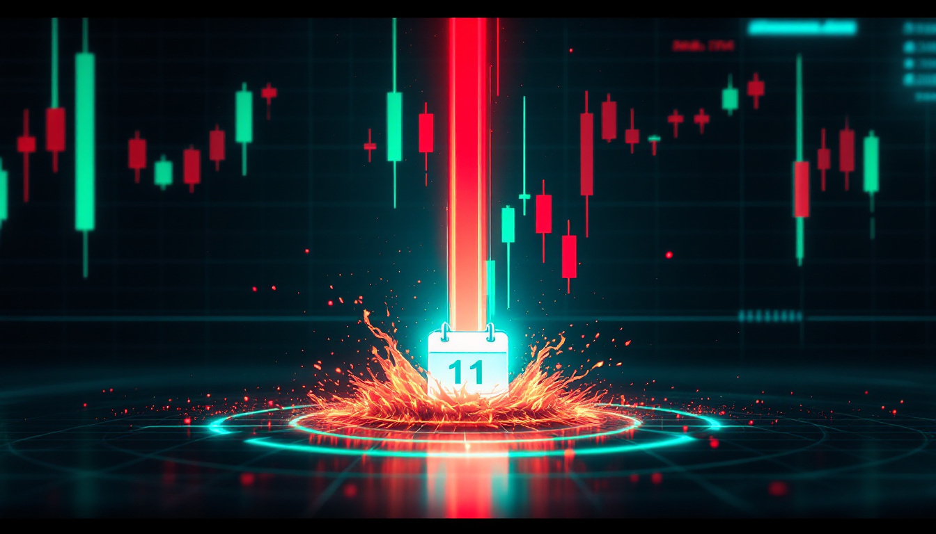 A violent volatility spike of candles erupting from a calendar event marker