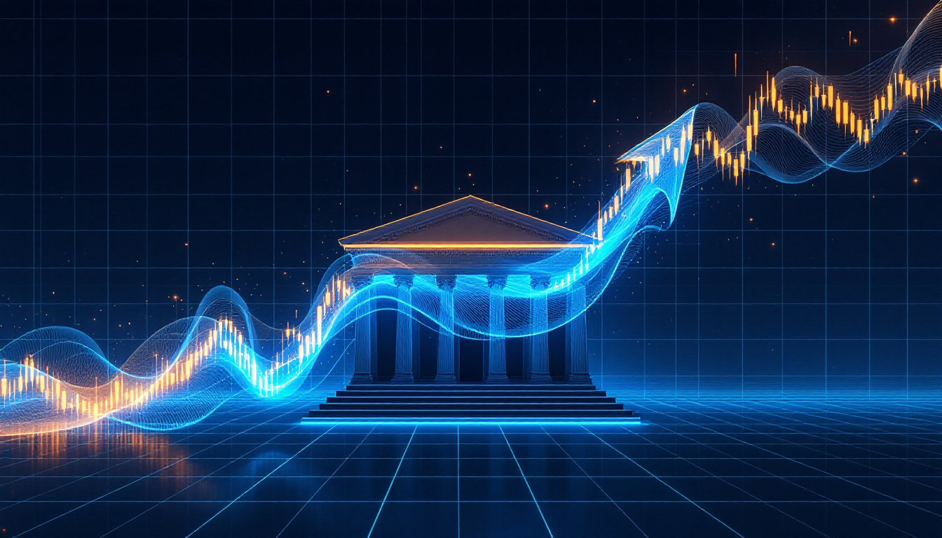 A central-bank building dissolving into streams of currency-light with a rising arrow