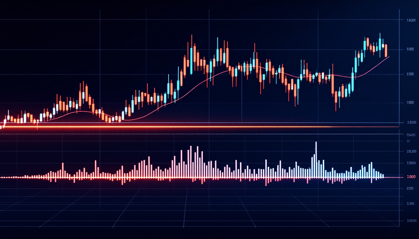 A price chart above a glowing oscillator pane with a sine wave and histogram bars