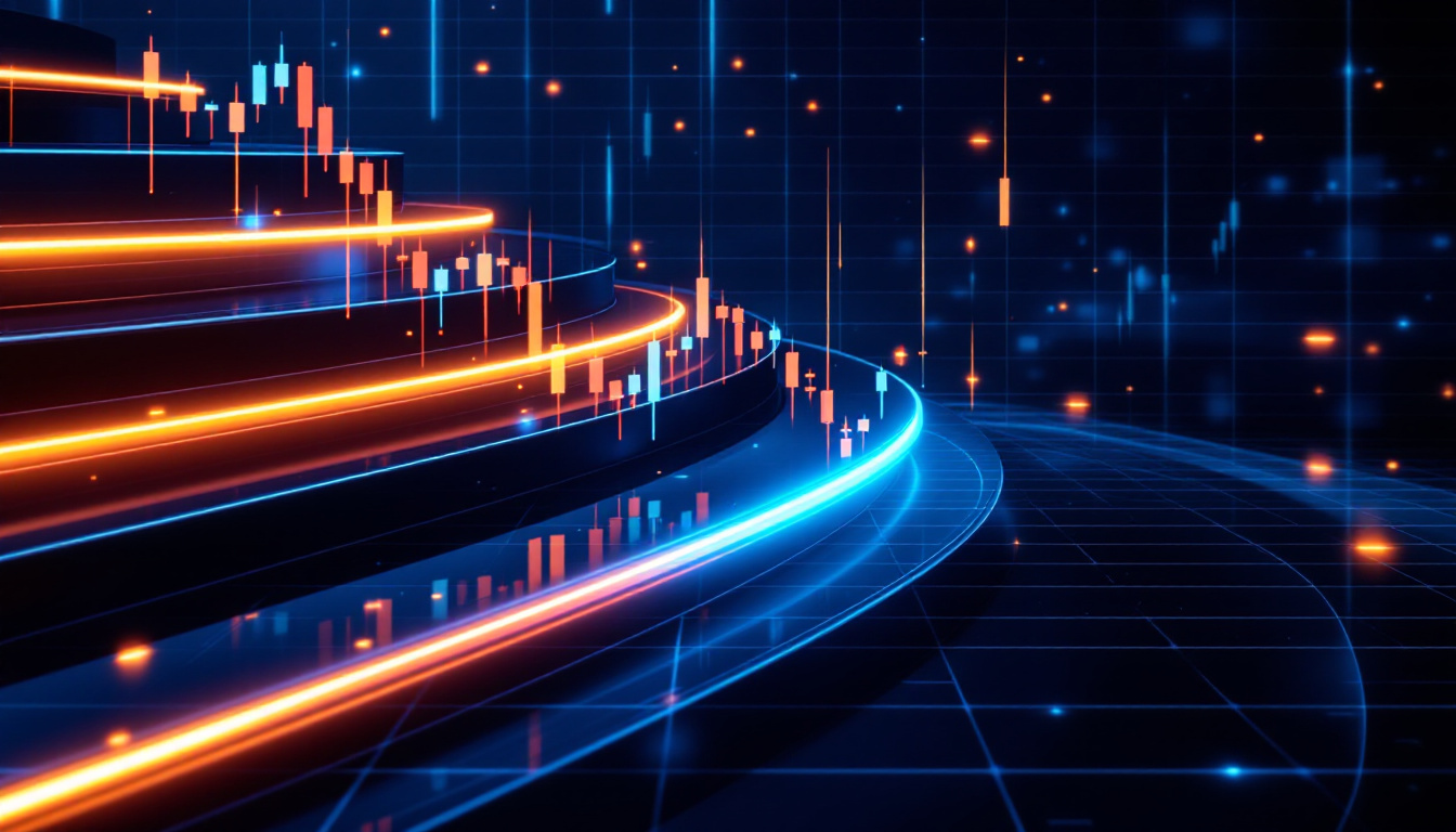 Layered glowing horizontal price shelves with candlesticks reacting off them