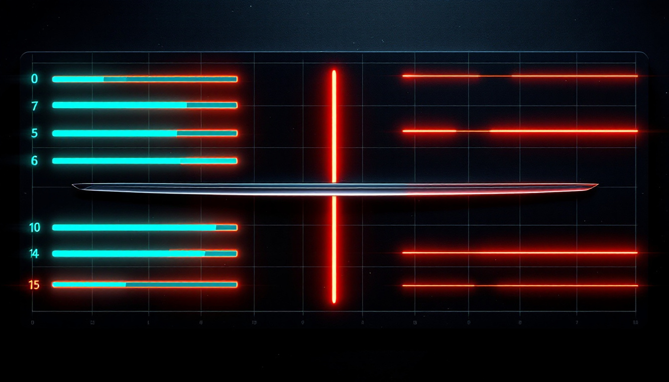 A glowing scoreboard of green and red result bars, honestly tallied beside a katana