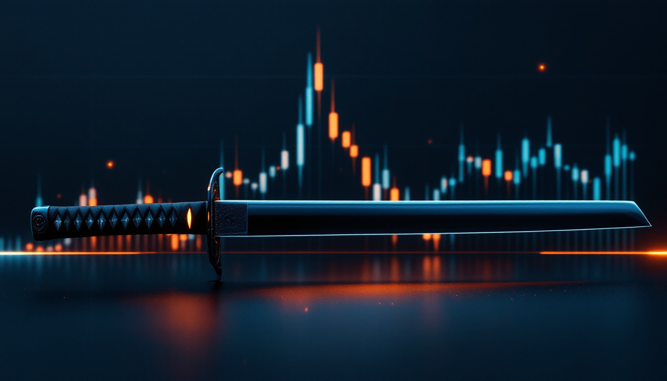 A sheathed katana resting beside a calm, flat candlestick chart